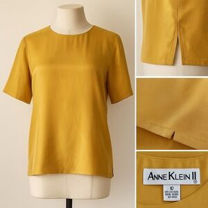 Anne Klein 100% Silk‎ Blouse Size 10 Mustard Gold Minimalist Quite Luxury Retro